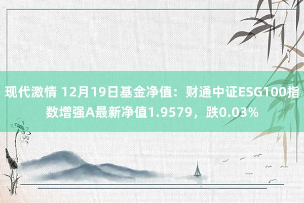现代激情 12月19日基金净值：财通中证ESG100指数增强A最新净值1.9579，跌0.03%