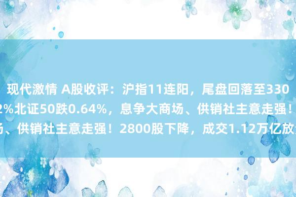 现代激情 A股收评：沪指11连阳，尾盘回落至3300点下方，创指跌0.82%北证50跌0.64%，息争大商场、供销社主意走强！2800股下降，成交1.12万亿放量476亿